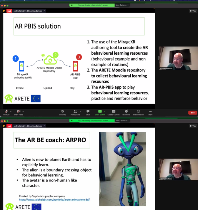 A researcher presenting the AR PBIS solution (content of the slides follows): 1) the use of the MirageXR authoring tool to create the AR behavioural learning resources (behavioural example and non example of routines), 2) the ARETE Moodle repository to collect behavioural learning resources, 3) the AR PBIS app to play behavioural learning resources, practice and reinforce behaviour. The AR BE coache: ARPRO. Allien is new to planet Earth and has to explicitly learn, the alien is a boundary crossing object for behavioral learning, the avatar is a non-human like character. The alien is shown, it is blue with green anthems and details.